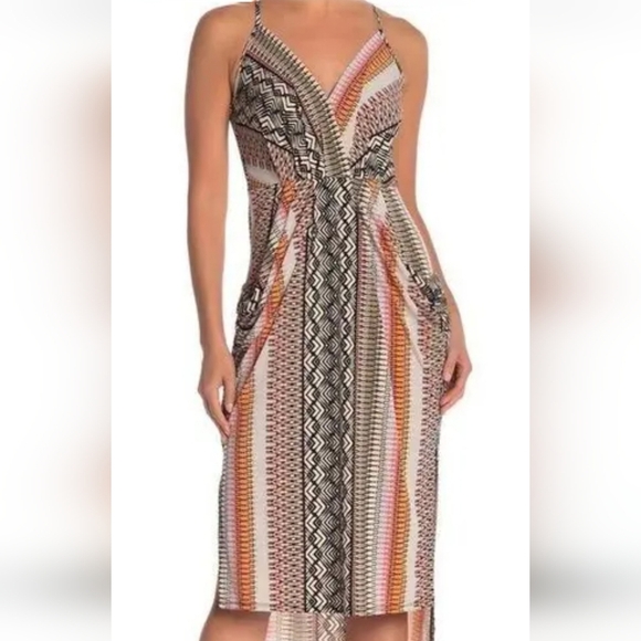 BCBGeneration Tropical Multicolored Midi Dress Hi-Low Hem Spaghetti Straps Sz XS - Picture 2 of 13